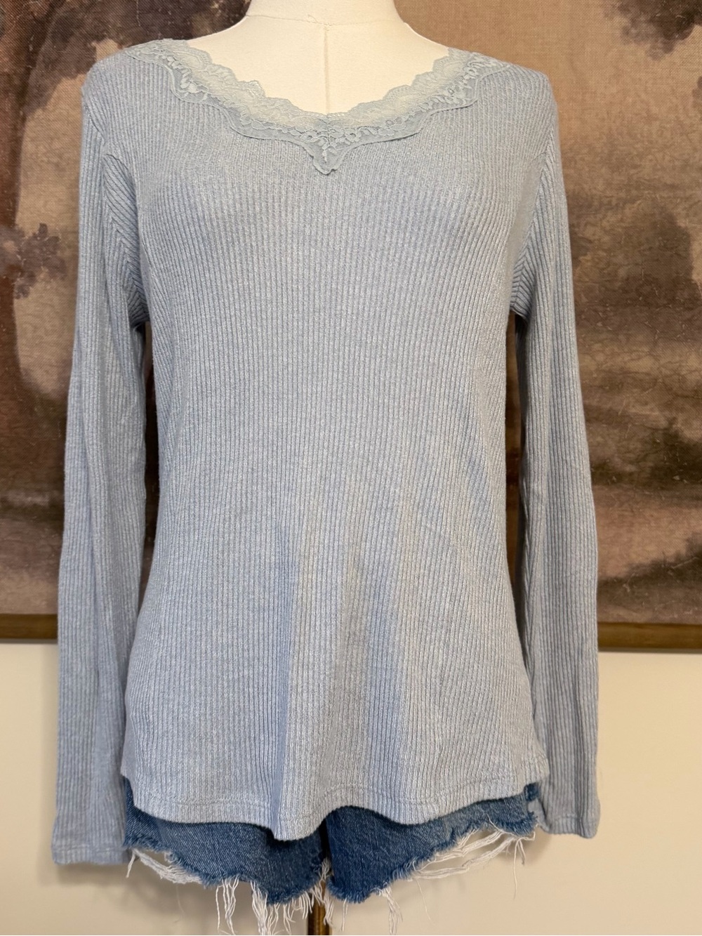 Maurices Pale Blue Ribbed Lace-Trim Long Sleeve Top